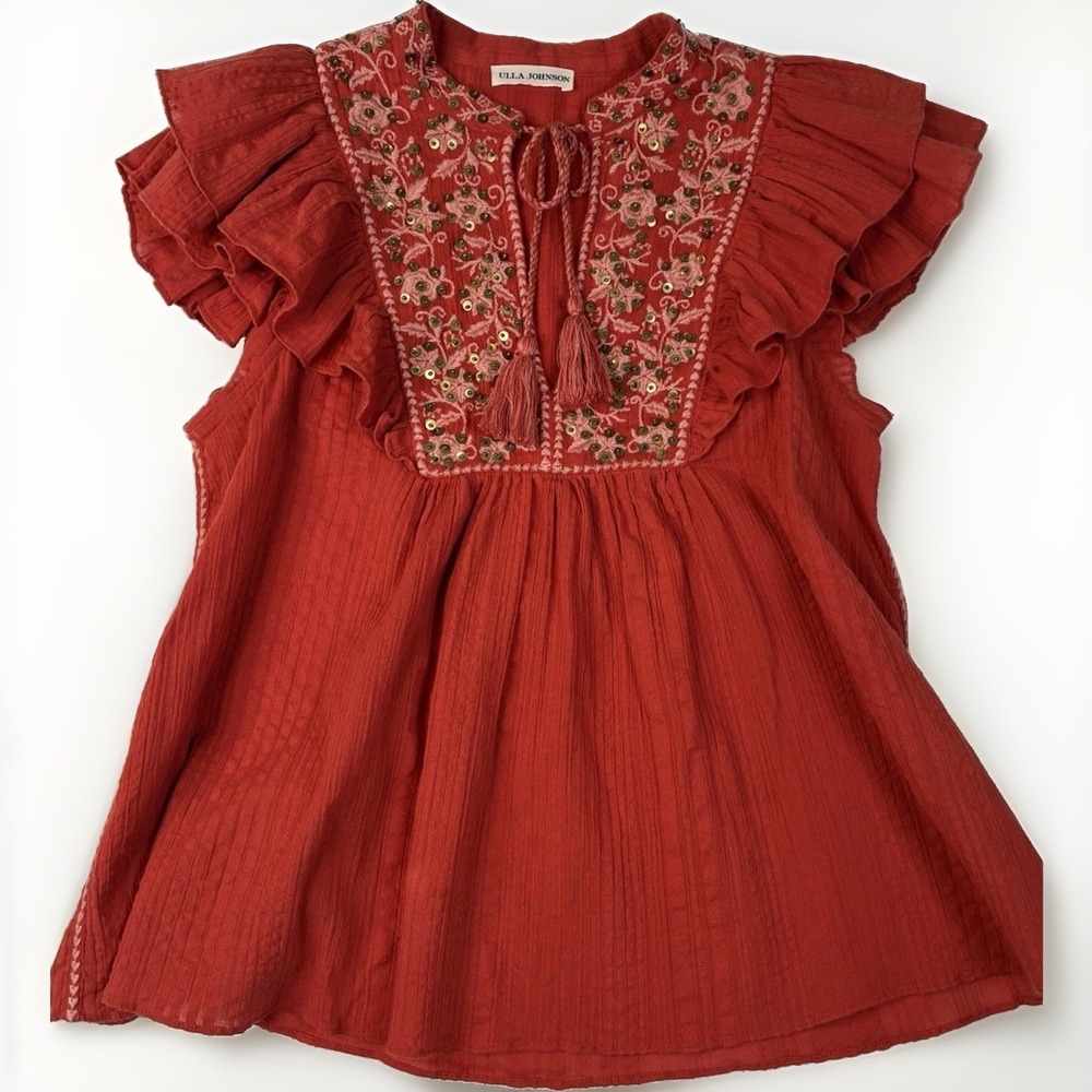 Ulla Johnson Red Cotton Embroidered  Boho Flutter Sleeve Blouse Top Size 2